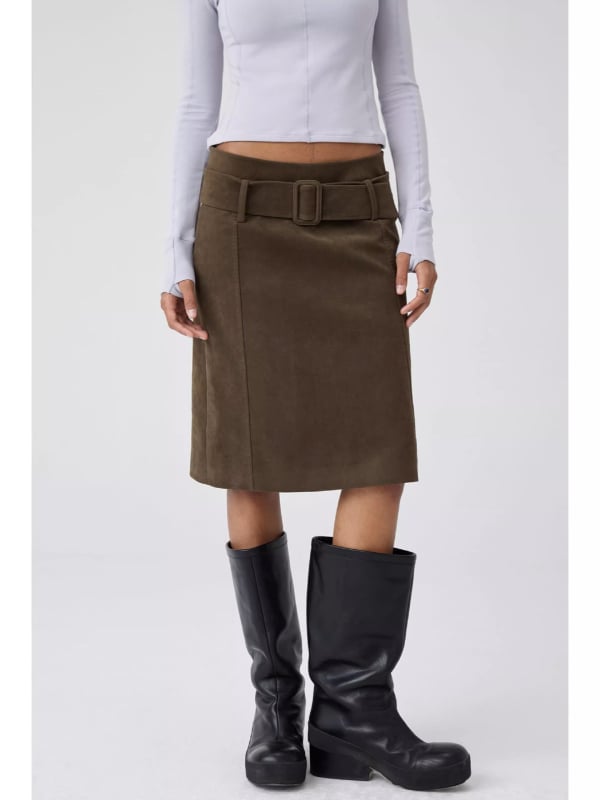 Φούστα Α-γραμμής, μεσαίου μήκους, μονόχρωμο μοτίβο, πολυεστερική ύφανση, καθημερινό ιαπωνο-κορεατικό στυλ