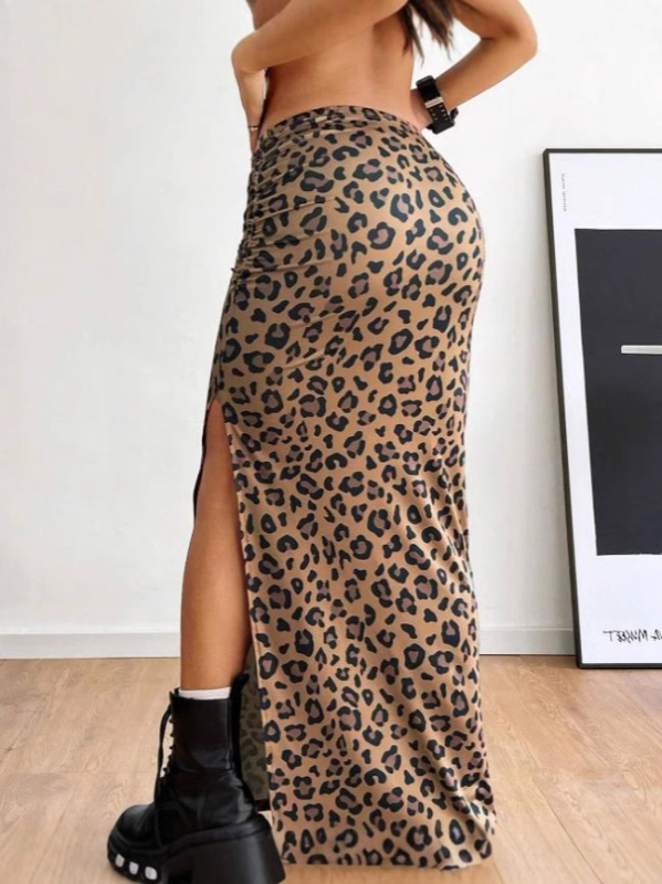 Leopard uzorak poliester duga suknja s visokim strukom, uski kroj