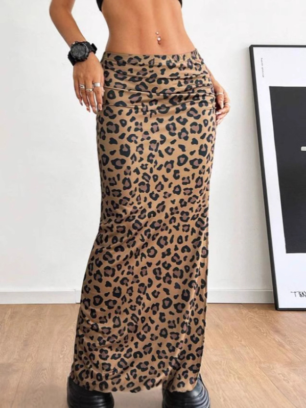 Leopard uzorak poliester duga suknja s visokim strukom, uski kroj