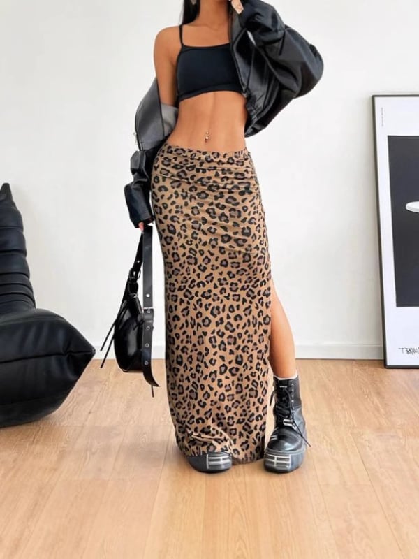 Leopard uzorak poliester duga suknja s visokim strukom, uski kroj