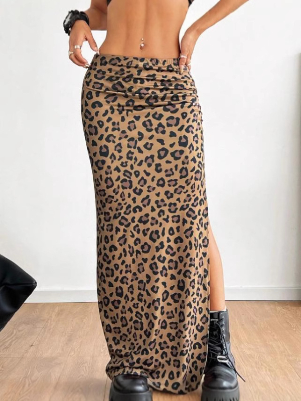 Leopard uzorak poliester duga suknja s visokim strukom, uski kroj