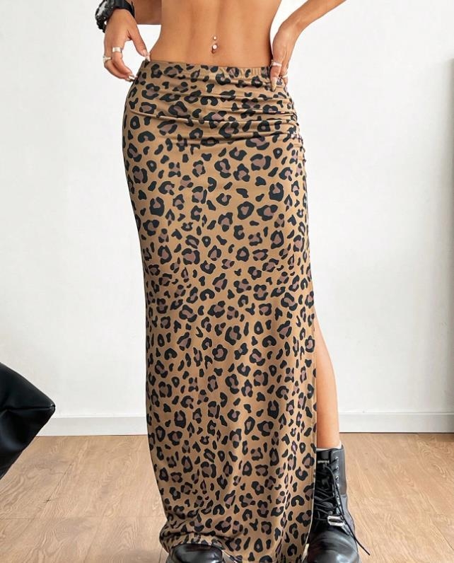 Leopard uzorak poliester duga suknja s visokim strukom, uski kroj