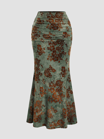 Пола с рибешка опашка от велур, миди дължина, бродирани растителни цветя, полиестерно-еластанова смес, литературно ретро стил