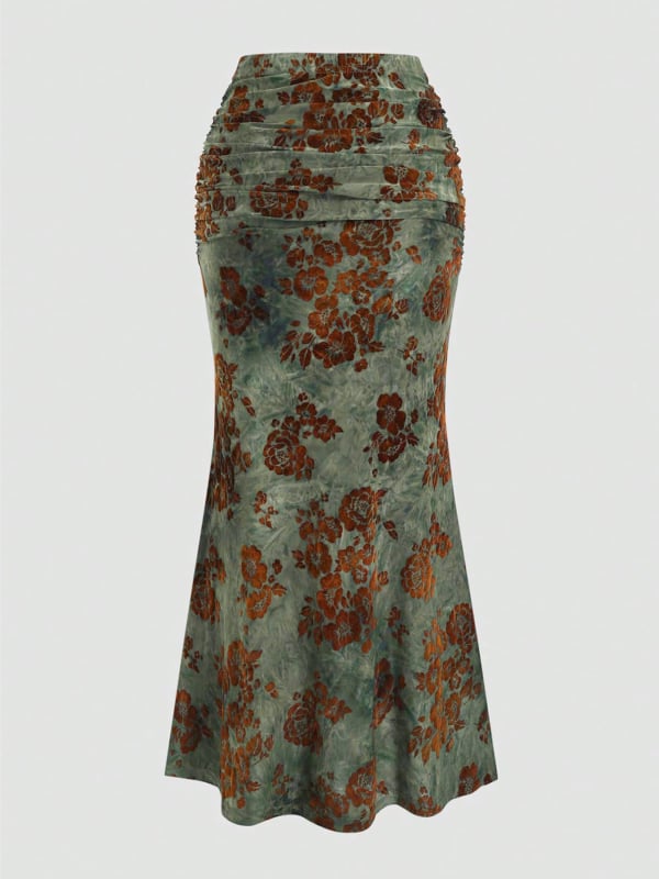 Φούστα βελούδινη με ουρά ψαριού, midi μήκος, κεντημένα φυτικά άνθη, ανάμειξη πολυεστέρα-σπένταξ, λογοτεχνικό ρετρό στυλ
