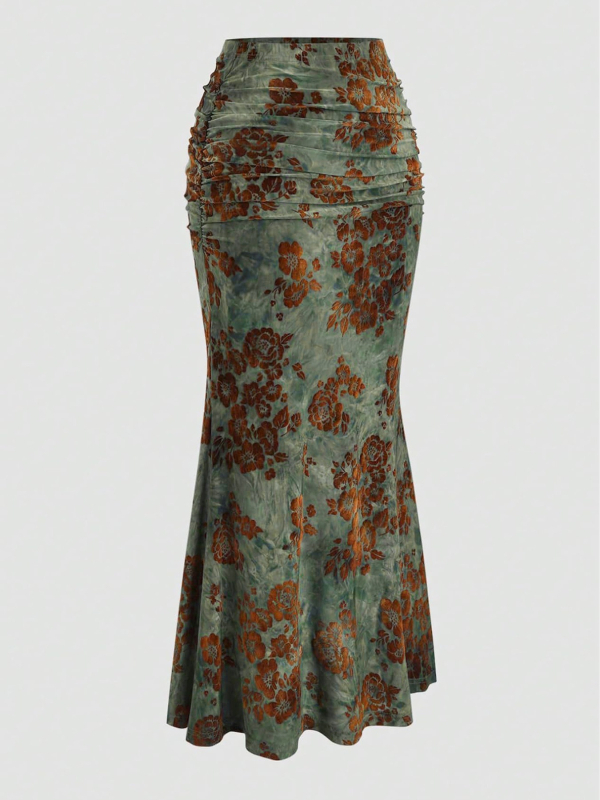 Φούστα βελούδινη με ουρά ψαριού, midi μήκος, κεντημένα φυτικά άνθη, ανάμειξη πολυεστέρα-σπένταξ, λογοτεχνικό ρετρό στυλ