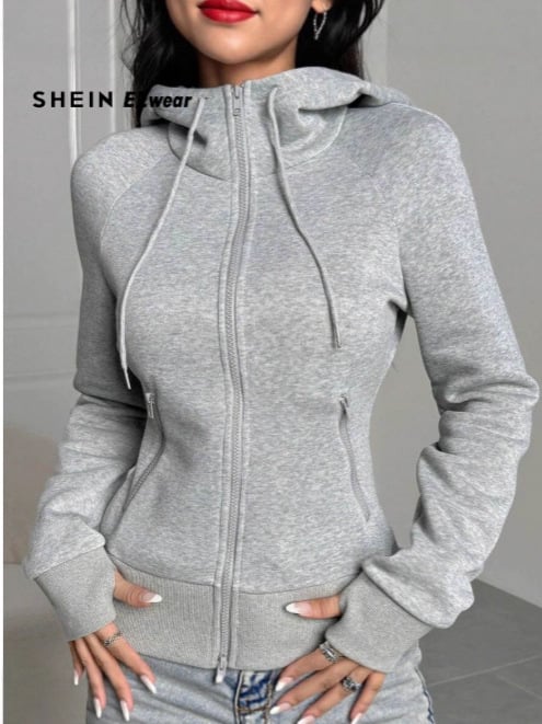 Γυναικεία ζακέτα-φούτερ με κουκούλα, στενή γραμμή, μακριά μανίκια, φερμουάρ, πάνελ patchwork, ύφασμα πολυεστέρα (πάνω από 95%)