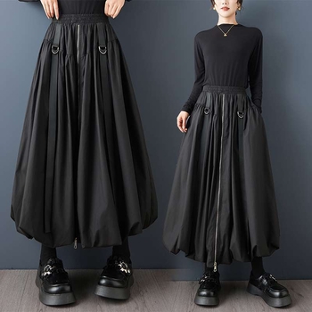 Moterų Bud Skirt ilgas sijonas su aukštu liemeniu ir 3D siuvimo dekoru | Audinys: medvilnės–poliesterio mišinys