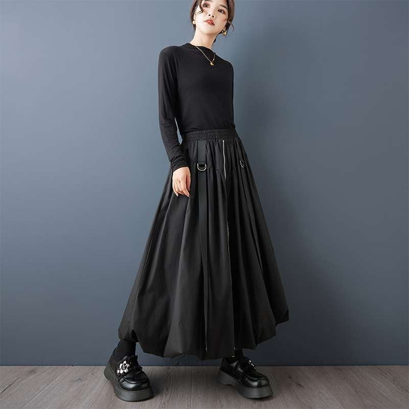 Moterų Bud Skirt ilgas sijonas su aukštu liemeniu ir 3D siuvimo dekoru | Audinys: medvilnės–poliesterio mišinys