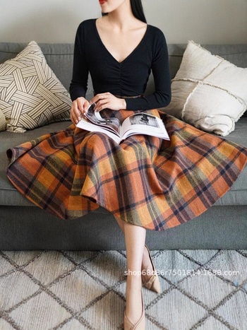 Φούστα με μοτίβο πλέγματος, υψηλή μέση, μεσαίου μήκους, Α-γραμμής, ρετρό στυλ (Μοτίβο πλέγματος; Μείγμα πολυεστέρα-ελαστάν; Υψηλή μέση; Μεσαίου μήκους; Α-γραμμή)