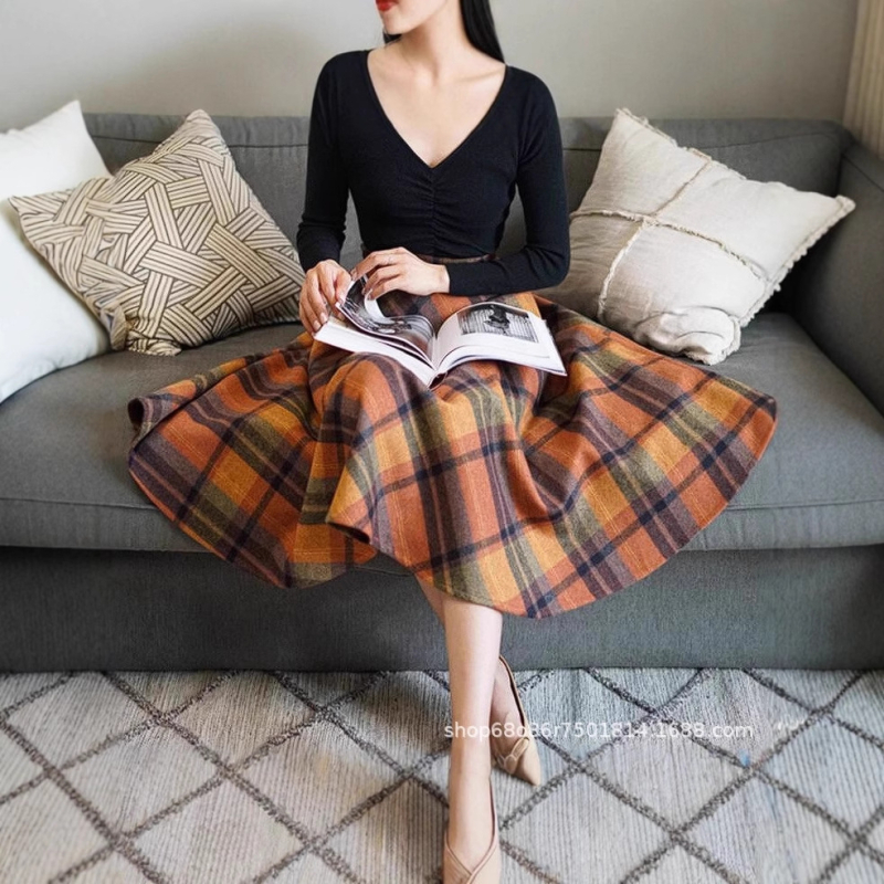 Φούστα με μοτίβο πλέγματος, υψηλή μέση, μεσαίου μήκους, Α-γραμμής, ρετρό στυλ (Μοτίβο πλέγματος; Μείγμα πολυεστέρα-ελαστάν; Υψηλή μέση; Μεσαίου μήκους; Α-γραμμή)