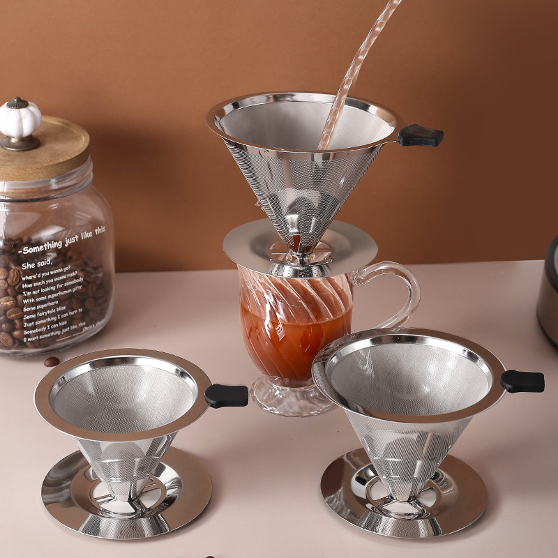 Dubultslāņa kafas filtrs no 304 nerūsējošā tērauda ar pamatni, atkārtoti lietojams metāla siets roku plūsmai, pielāgojams