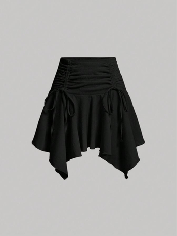 Kratka suknja s vezanjem i nejednakim rubom (Uzorak: jednobojna; Tkanina: poliester; Glavni sastav: 95% poliester; Drugi glavni sastav: spandex; Stil suknje: nejednak)