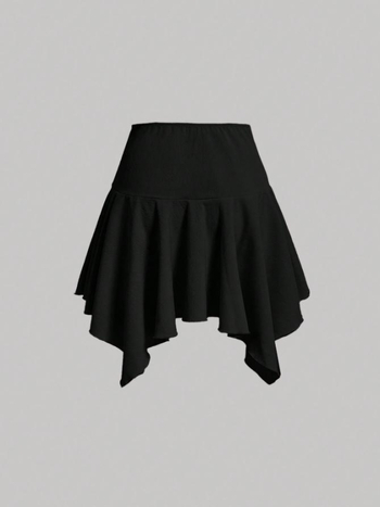 Къса пола с връзки за стягане и неравен подгъв (Модел: еднотонен; Основен материал: полиестер; Съдържание на основния материал: 95% полиестер; Основна материя 2: спандекс; Стил: неравна)