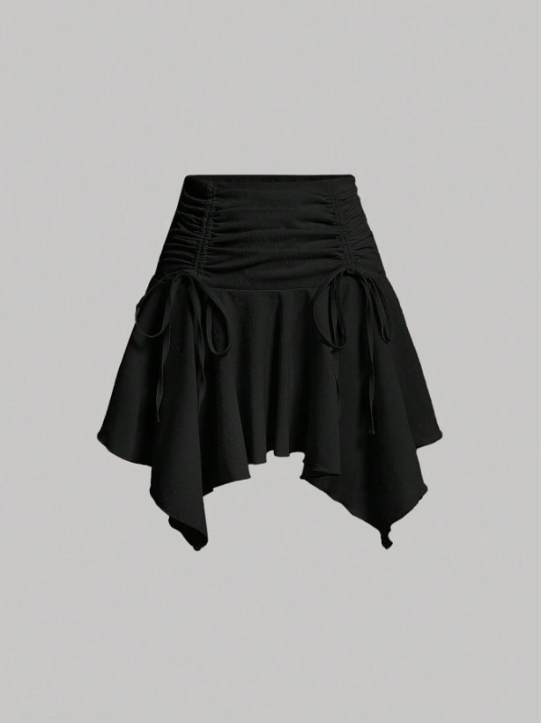 Kratka suknja s vezanjem i nejednakim rubom (Uzorak: jednobojna; Tkanina: poliester; Glavni sastav: 95% poliester; Drugi glavni sastav: spandex; Stil suknje: nejednak)