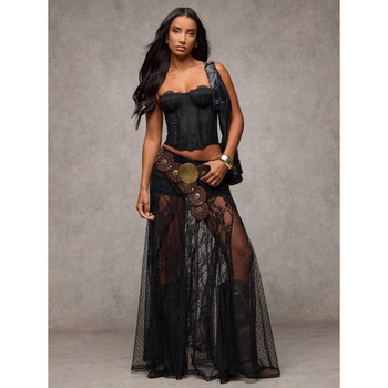 Mežģīnēta caurspīdīga svārka ar zemu jostu - brīvs piegriezums, kokvilnas CVC maisījums, retro stils, 2022. pavasaris