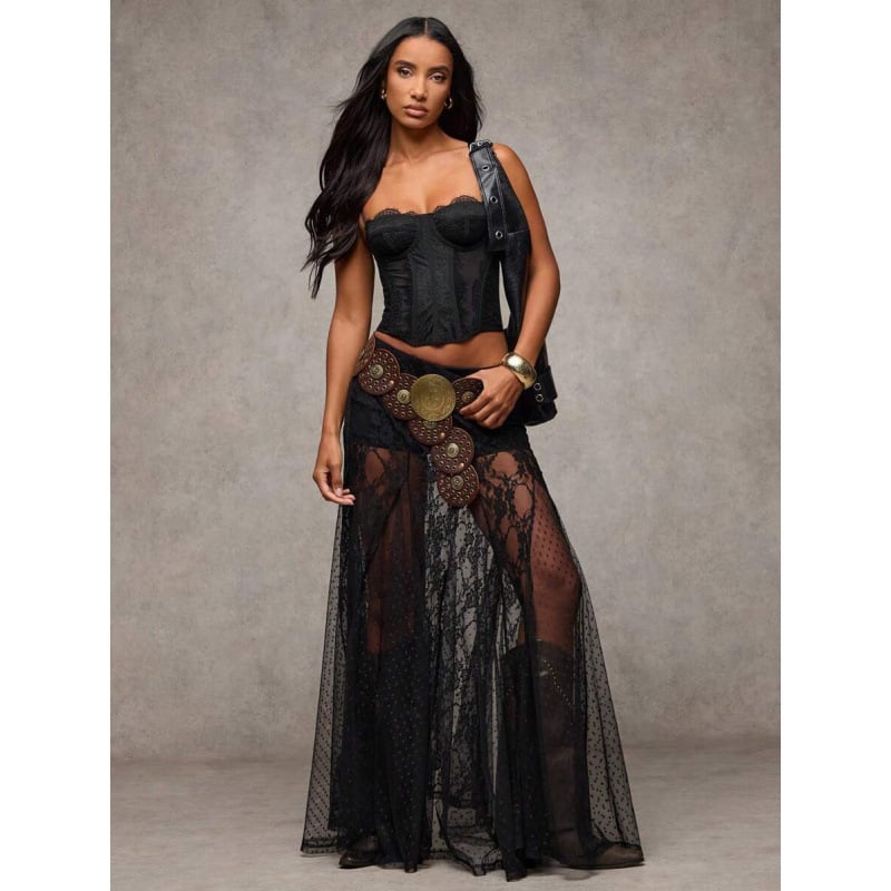 Mežģīnēta caurspīdīga svārka ar zemu jostu - brīvs piegriezums, kokvilnas CVC maisījums, retro stils, 2022. pavasaris