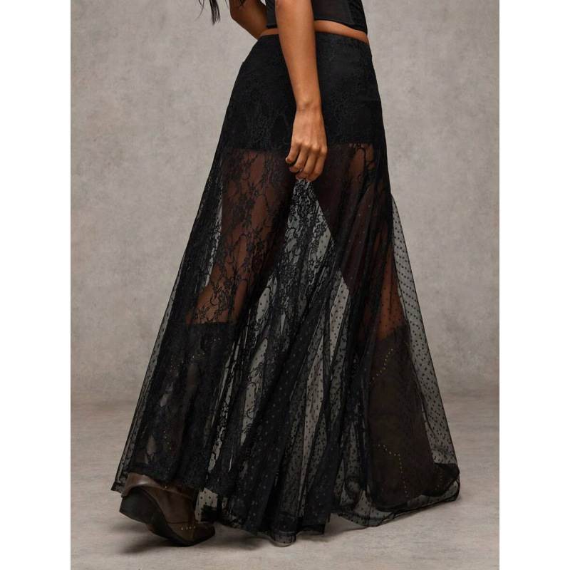 Mežģīnēta caurspīdīga svārka ar zemu jostu - brīvs piegriezums, kokvilnas CVC maisījums, retro stils, 2022. pavasaris