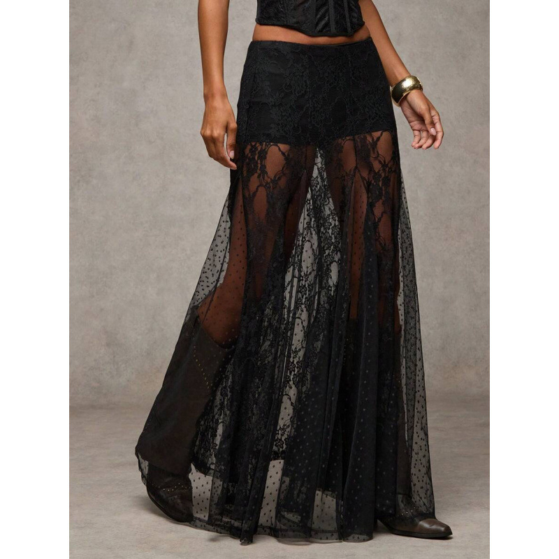 Mežģīnēta caurspīdīga svārka ar zemu jostu - brīvs piegriezums, kokvilnas CVC maisījums, retro stils, 2022. pavasaris