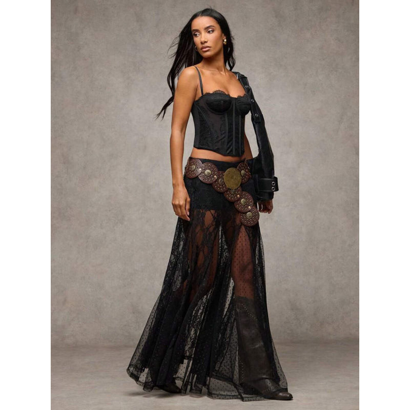 Mežģīnēta caurspīdīga svārka ar zemu jostu - brīvs piegriezums, kokvilnas CVC maisījums, retro stils, 2022. pavasaris