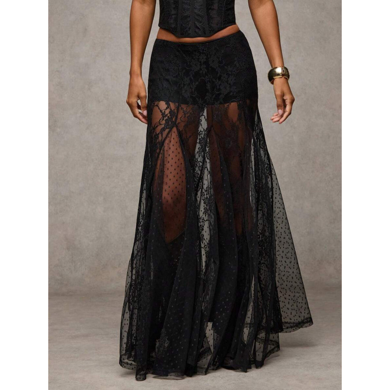 Mežģīnēta caurspīdīga svārka ar zemu jostu - brīvs piegriezums, kokvilnas CVC maisījums, retro stils, 2022. pavasaris