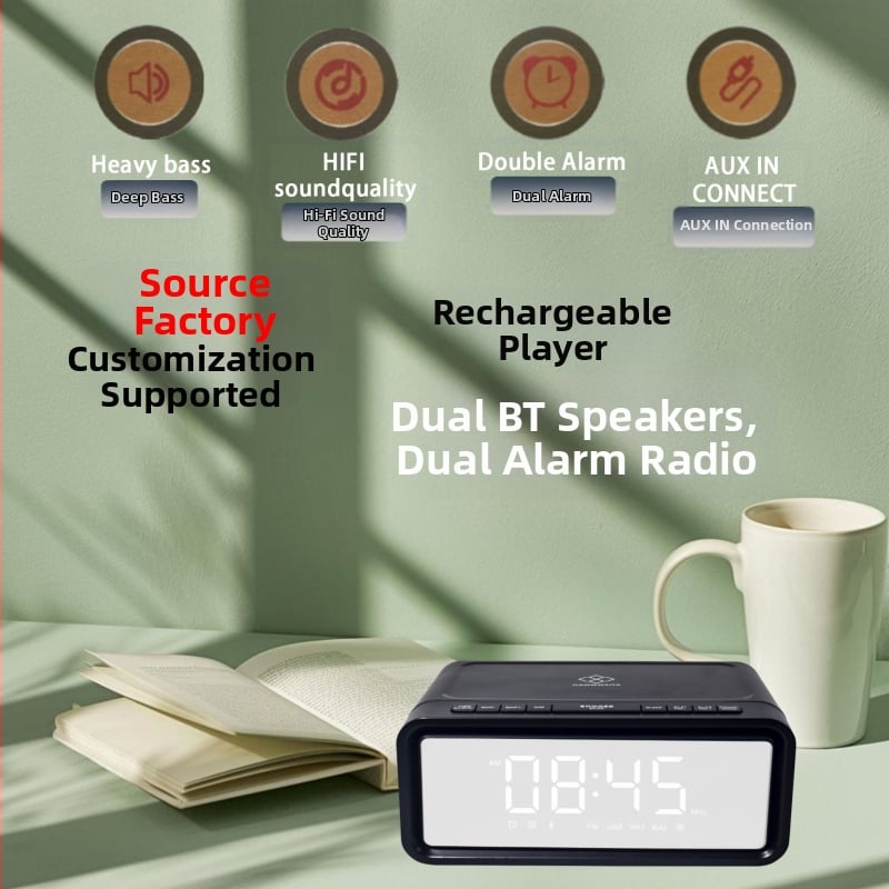 Radio s dvostrukim budilnikom i Bluetooth zvučnikom, LED zaslon, USB punjač, bežično punjenje, Bluetooth 5.3