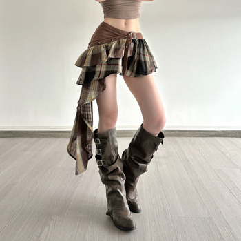 Женска пола с А-образна линия, къса, патчворк каре дизайн, тъкан полиестер-еластан