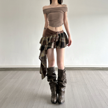 Женска пола с А-образна линия, къса, патчворк каре дизайн, тъкан полиестер-еластан