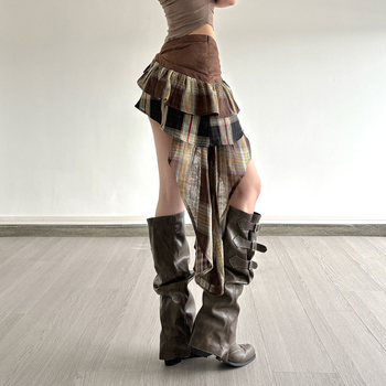 Женска пола с А-образна линия, къса, патчворк каре дизайн, тъкан полиестер-еластан