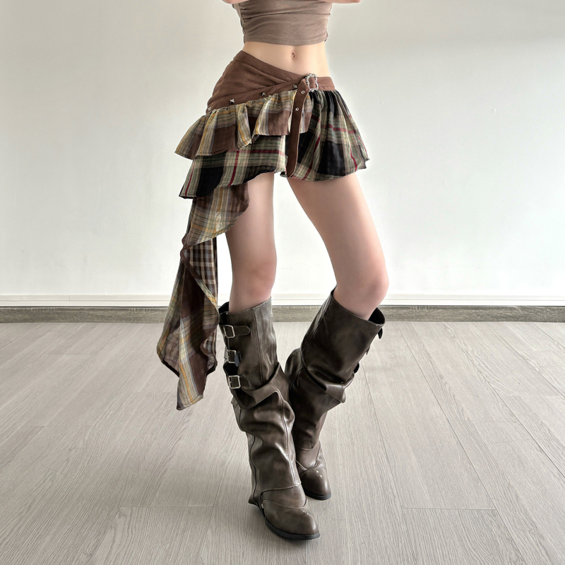 Γυναικεία φούστα Α-γραμμής κοντή, patchwork καρό σχέδιο, υφαντό ύφασμα πολυεστέρα-ελαστάν