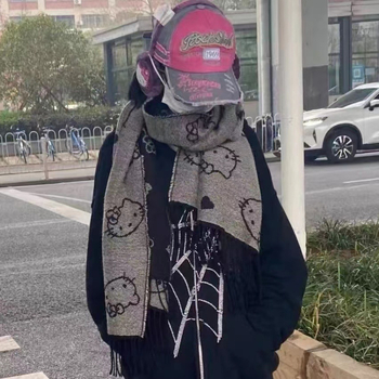 Fular JK japonez, imprimeu drăguț cu pisică de desene animate, dublu față, tricot simplu, material acrilic, toamnă