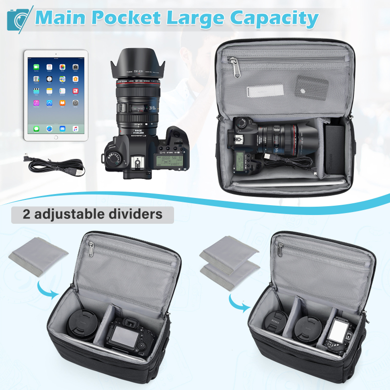 Kameros krepšys Urban Minimalist stilius, Oxford audinys, užtrauktukas atidarymas, vidinė struktūra: telefono kišenė ir kišenė su užtrauktuku, išorinė 3D kišenė