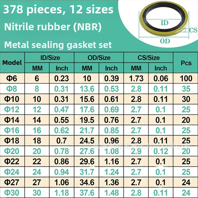 Комплект O-рингов уплътнения, NBR нитрил каучук (378 бр., фиксиран уплътнител), Fengyu Electric, код Dq063