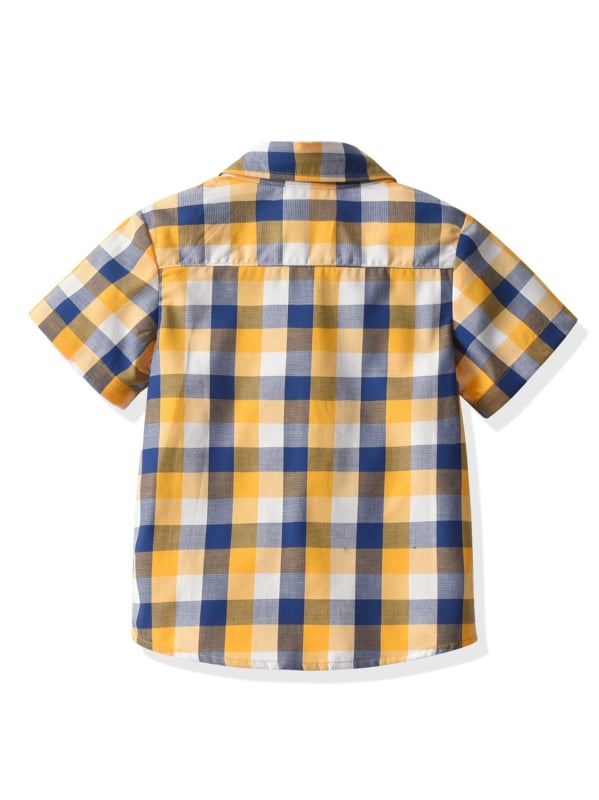 Cămașă pentru copii cu mâneci scurte, model în carouri, guler rever, 80% bumbac, finisaj moale