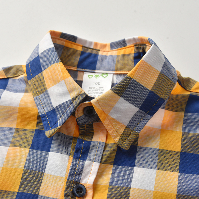 Cămașă pentru copii cu mâneci scurte, model în carouri, guler rever, 80% bumbac, finisaj moale