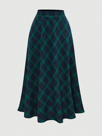 Μακριά φούστα Α-γραμμή με καρό σχέδιο, Casual ιαπωνοκορεατικό στυλ, ύφασμα πολυεστέρα-ελαστάνη