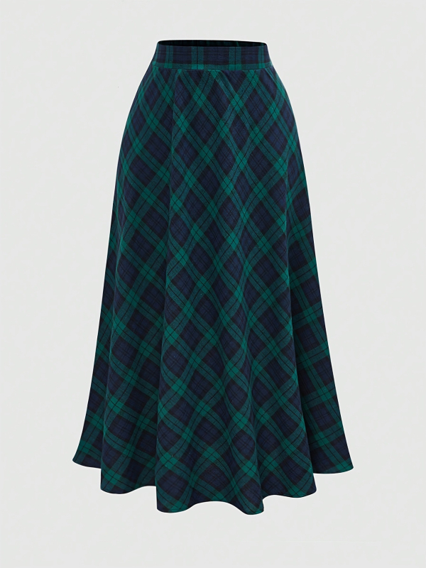Μακριά φούστα Α-γραμμή με καρό σχέδιο, Casual ιαπωνοκορεατικό στυλ, ύφασμα πολυεστέρα-ελαστάνη