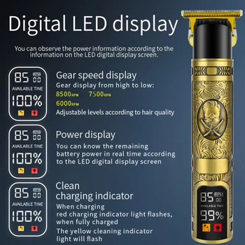 Презареждаща USB машина за подстригване на коса, Brush мотор, ножове от неръждаема стомана, шум 36–45 dB, вградена батерия 1000–1200 mAh, време на работа 1–3 ч