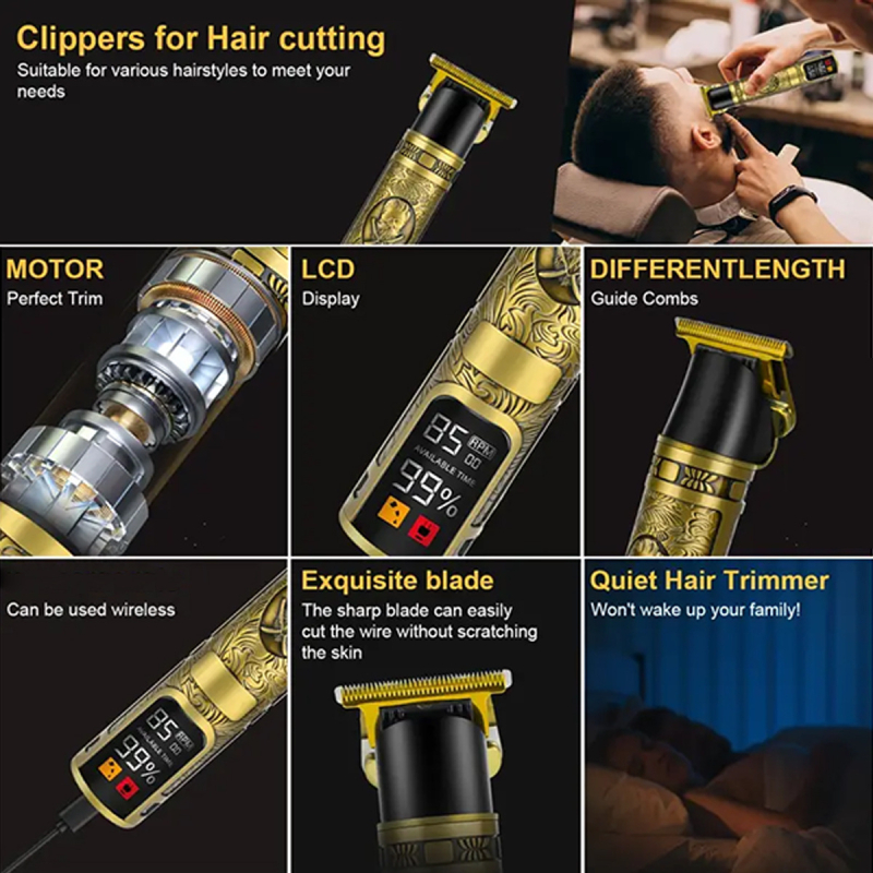 Uzlādes USB matu griezējs ar birstmotoru, nerūsējoša tērauda asmeņi, troksnis 36–45 dB, darbības laiks 1–3 stundas, iekšēja akumulatora jauda 1000–1200 mAh