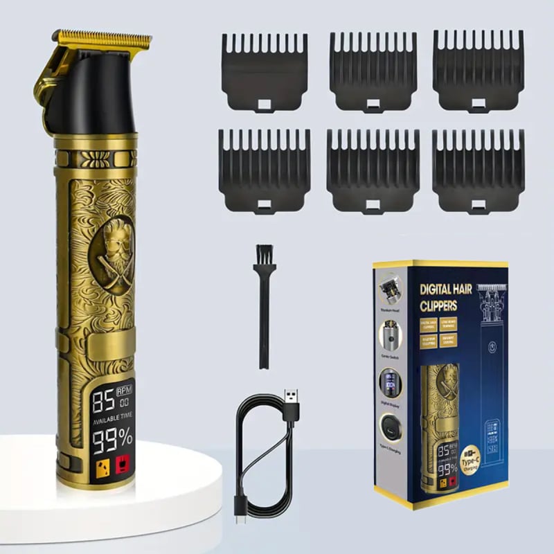 Uzlādes USB matu griezējs ar birstmotoru, nerūsējoša tērauda asmeņi, troksnis 36–45 dB, darbības laiks 1–3 stundas, iekšēja akumulatora jauda 1000–1200 mAh