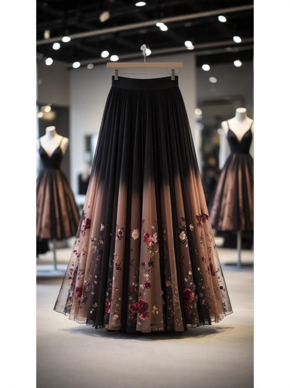 Sieviešu A līnijas garais svārki ar ziedu rakstu, augsta josta, 95% poliesters, maiga elastība (izsmalcināts temperament)