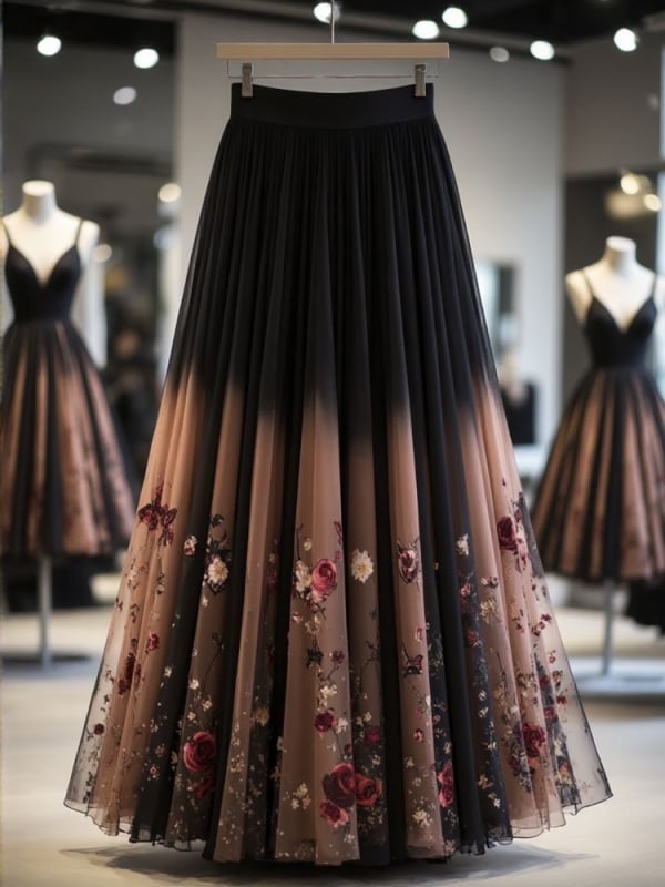 Sieviešu A līnijas garais svārki ar ziedu rakstu, augsta josta, 95% poliesters, maiga elastība (izsmalcināts temperament)