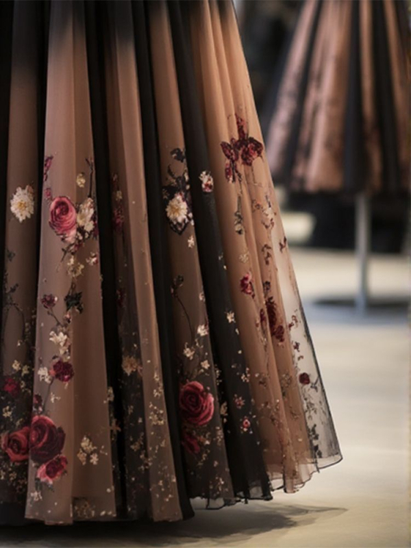 Sieviešu A līnijas garais svārki ar ziedu rakstu, augsta josta, 95% poliesters, maiga elastība (izsmalcināts temperament)