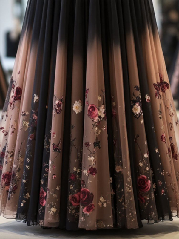 Sieviešu A līnijas garais svārki ar ziedu rakstu, augsta josta, 95% poliesters, maiga elastība (izsmalcināts temperament)