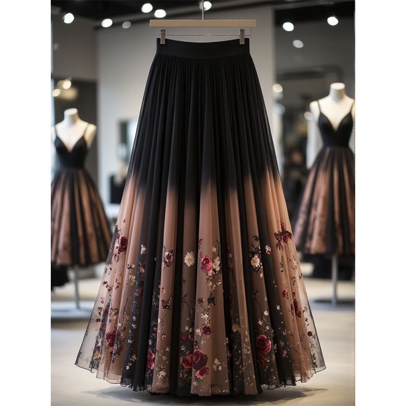 Sieviešu A līnijas garais svārki ar ziedu rakstu, augsta josta, 95% poliesters, maiga elastība (izsmalcināts temperament)