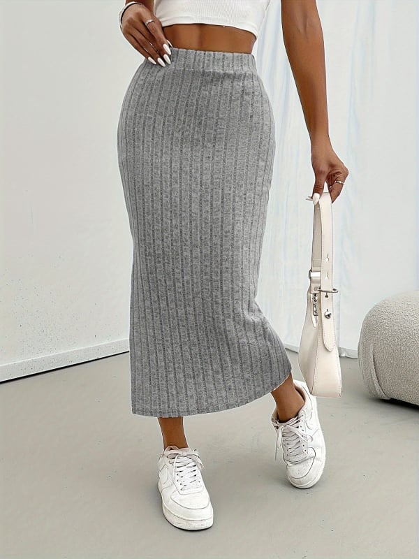 Augsta vidukļa adīta midi svārki ar sānu atveri, A līnijas siluets, brušēta virsma, poliestera-PU-spandeksa maisījums, izsmalcināts biroja stils