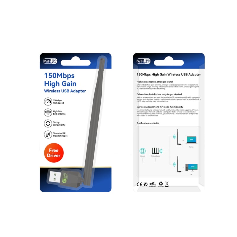 Vezeték nélküli USB hálózati kártya külső antennával, 150 Mbps, 802.11n, 2,4 GHz, Modell RE-1517