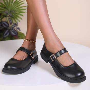 Γυναικείοι loafers με στρογγυλή μύτη, PU επάνω μέρος και PU σόλα, φαρδύς 3–5 cm τακούνι, μονόχρωμο, βρετανικό στυλ για καθημερινή χρήση