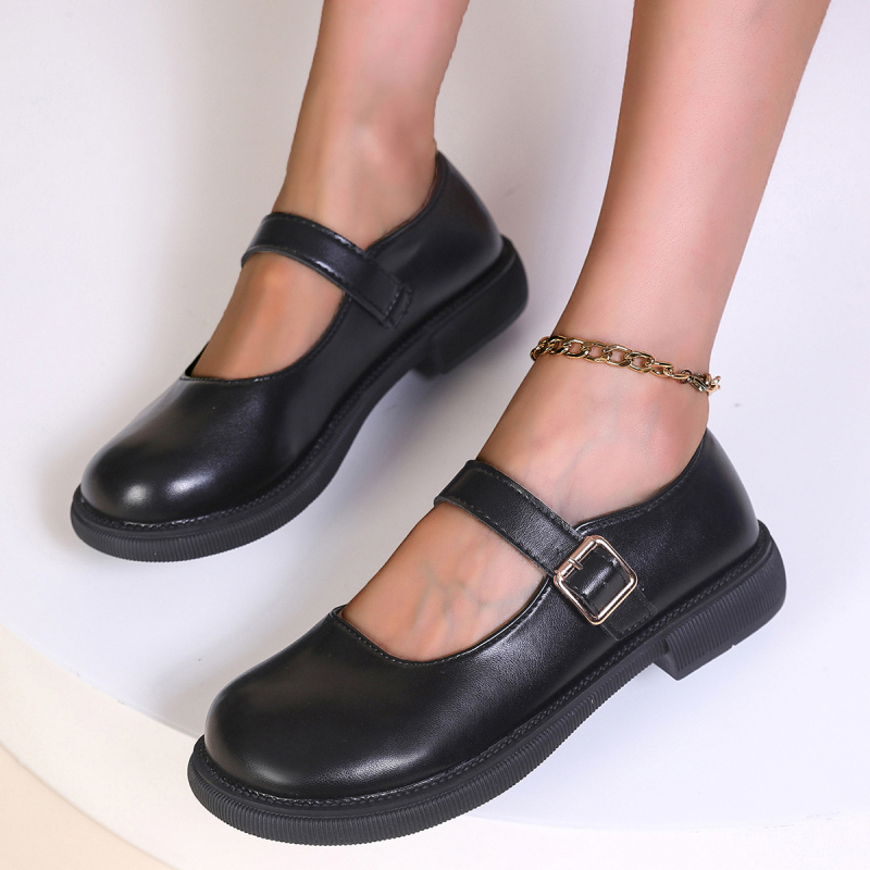 Γυναικείοι loafers με στρογγυλή μύτη, PU επάνω μέρος και PU σόλα, φαρδύς 3–5 cm τακούνι, μονόχρωμο, βρετανικό στυλ για καθημερινή χρήση