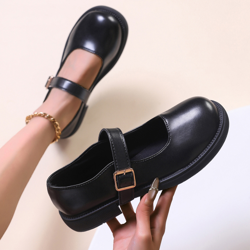 Γυναικείοι loafers με στρογγυλή μύτη, PU επάνω μέρος και PU σόλα, φαρδύς 3–5 cm τακούνι, μονόχρωμο, βρετανικό στυλ για καθημερινή χρήση