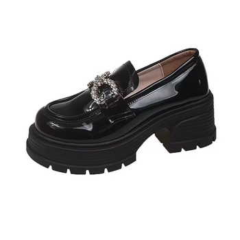 Γυναικείοι λοφέρς με φαρδιά σόλα - στρογγυλή μύτη, PU επάνω μέρος με πατενταρισμένο δέρμα, μεσαίου ύψους τακούνι 3–5 εκ, σόλα από αφρώδες καουτσούκ, slip-on